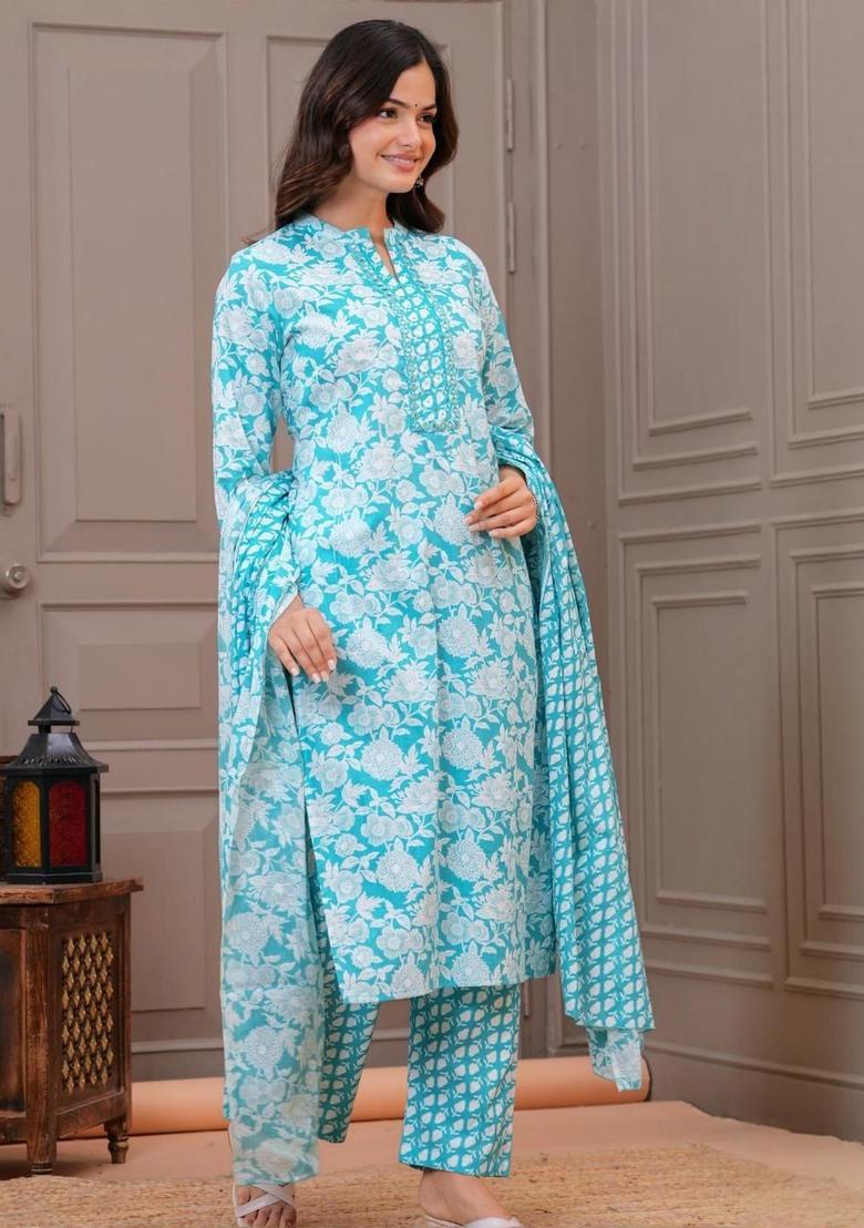 Blue Embroidered Cotton Kurta Set - Indya