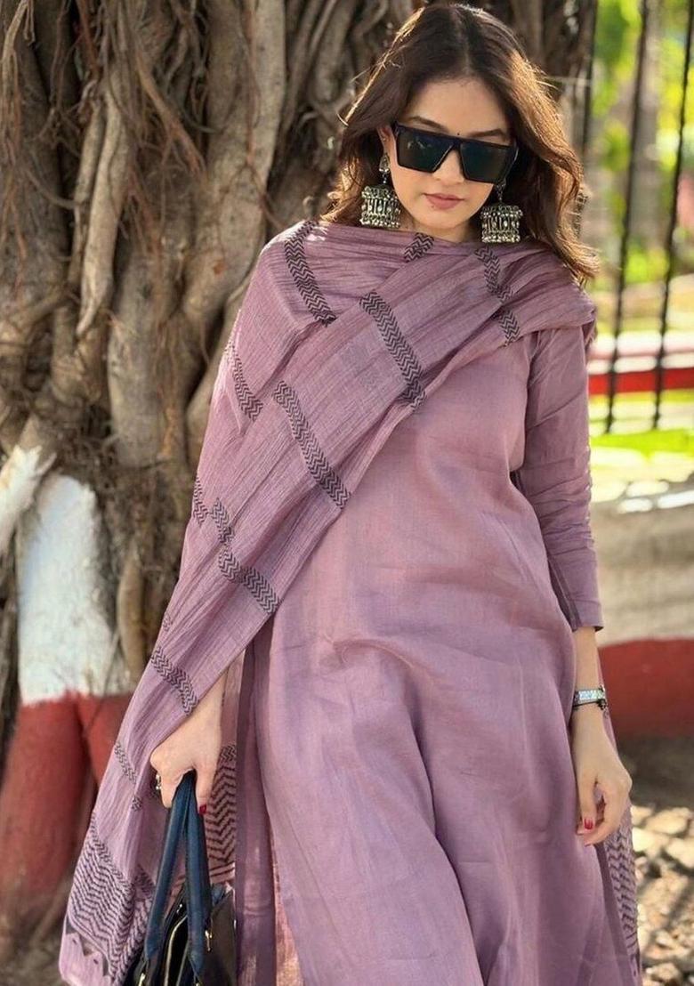 Purple Solid Silk Kurta Set - Indya