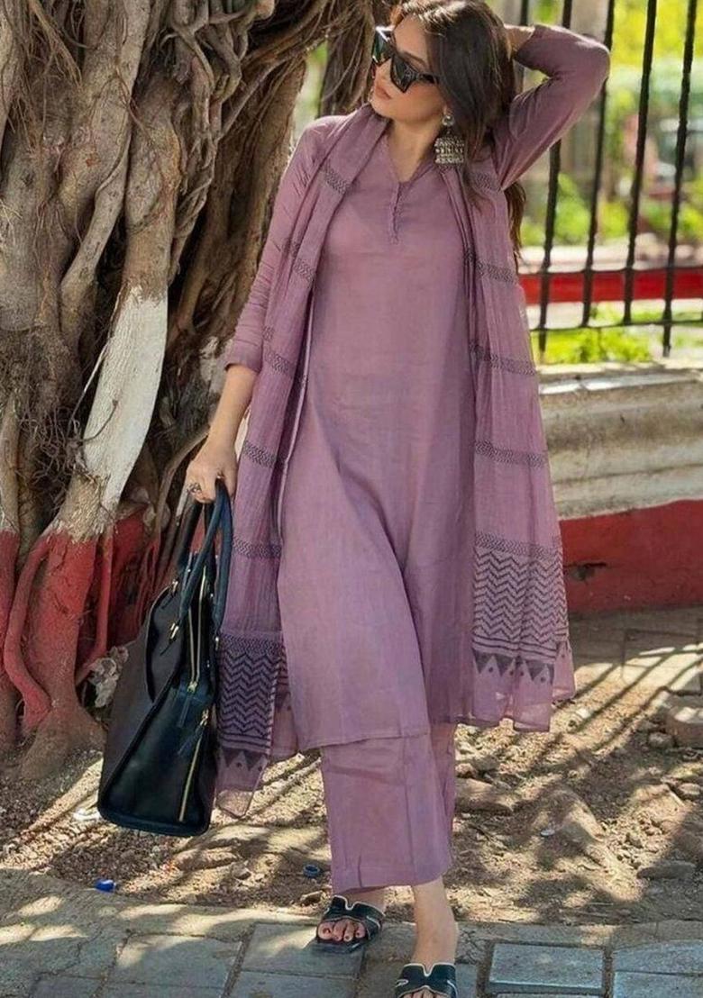 Purple Solid Silk Kurta Set - Indya