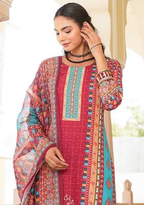 Maroon Printed Polyester Kurta Set