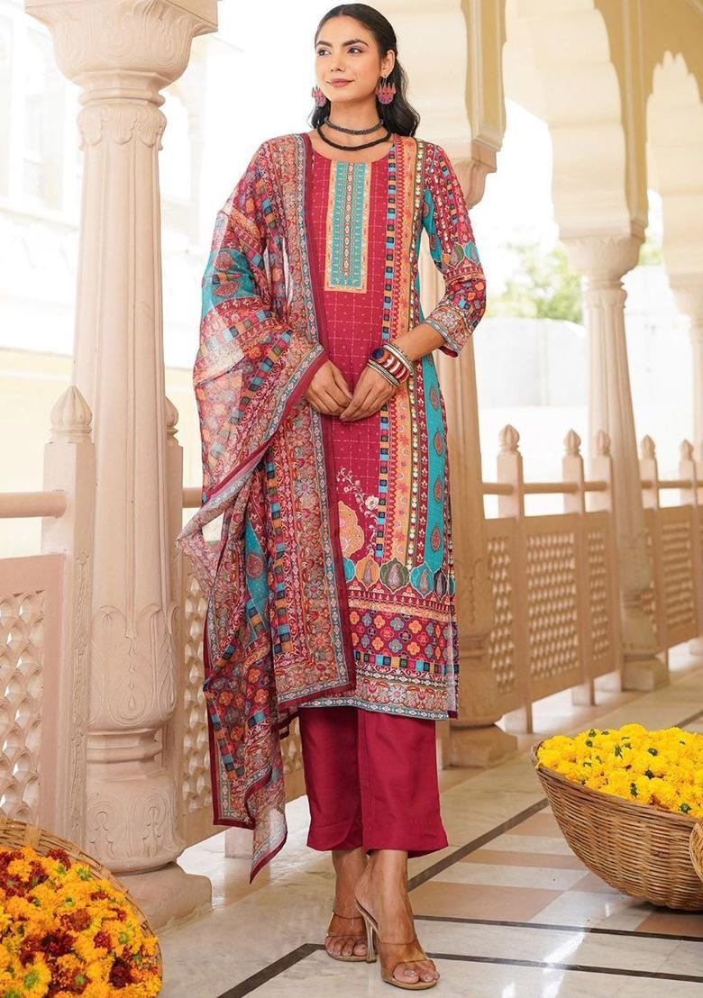 Maroon Printed Polyester Kurta Set - Indya