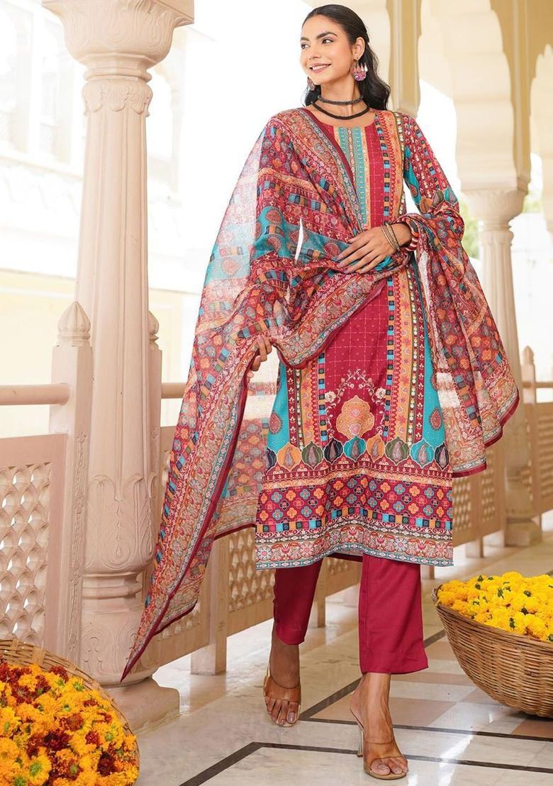 Maroon Printed Polyester Kurta Set - Indya