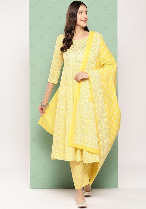 Yellow Printed Cotton Kurta Set — view on Indya