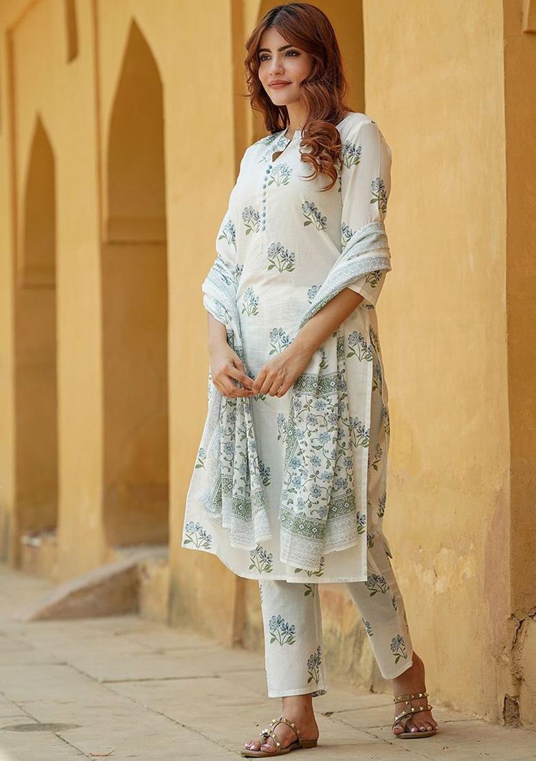 White Printed Cotton Kurta Set - Indya