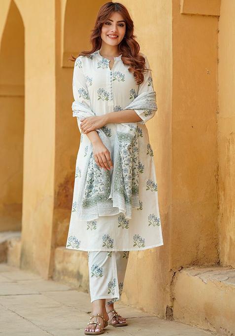 White Printed Cotton Kurta Set