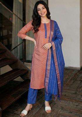 Peach Printed Cotton Kurta Set