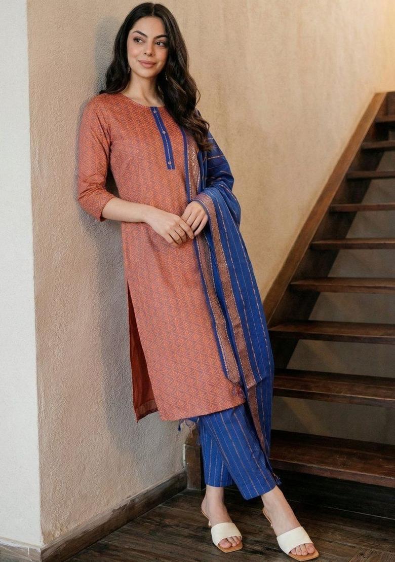Peach Printed Cotton Kurta Set - Indya