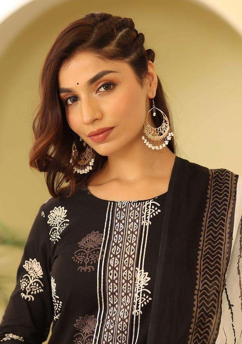 Black Printed Cotton Kurta Set - Indya