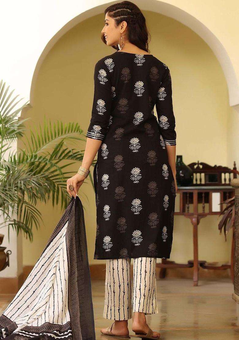 Black Printed Cotton Kurta Set - Indya