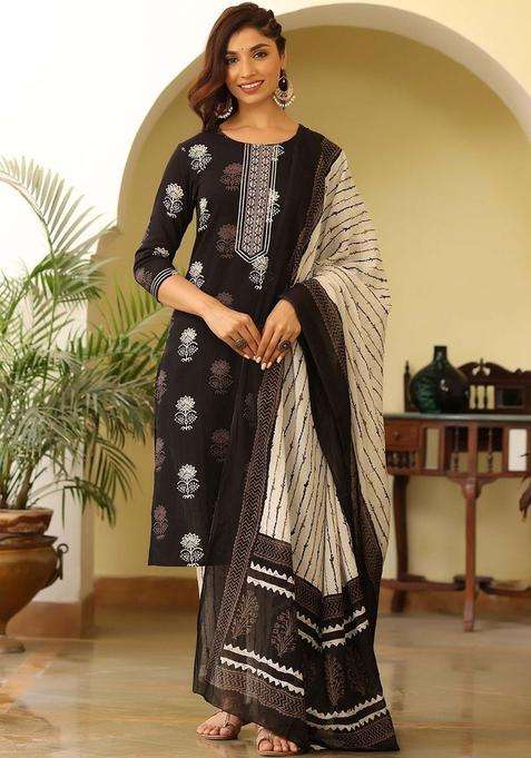 Black Printed Cotton Kurta Set