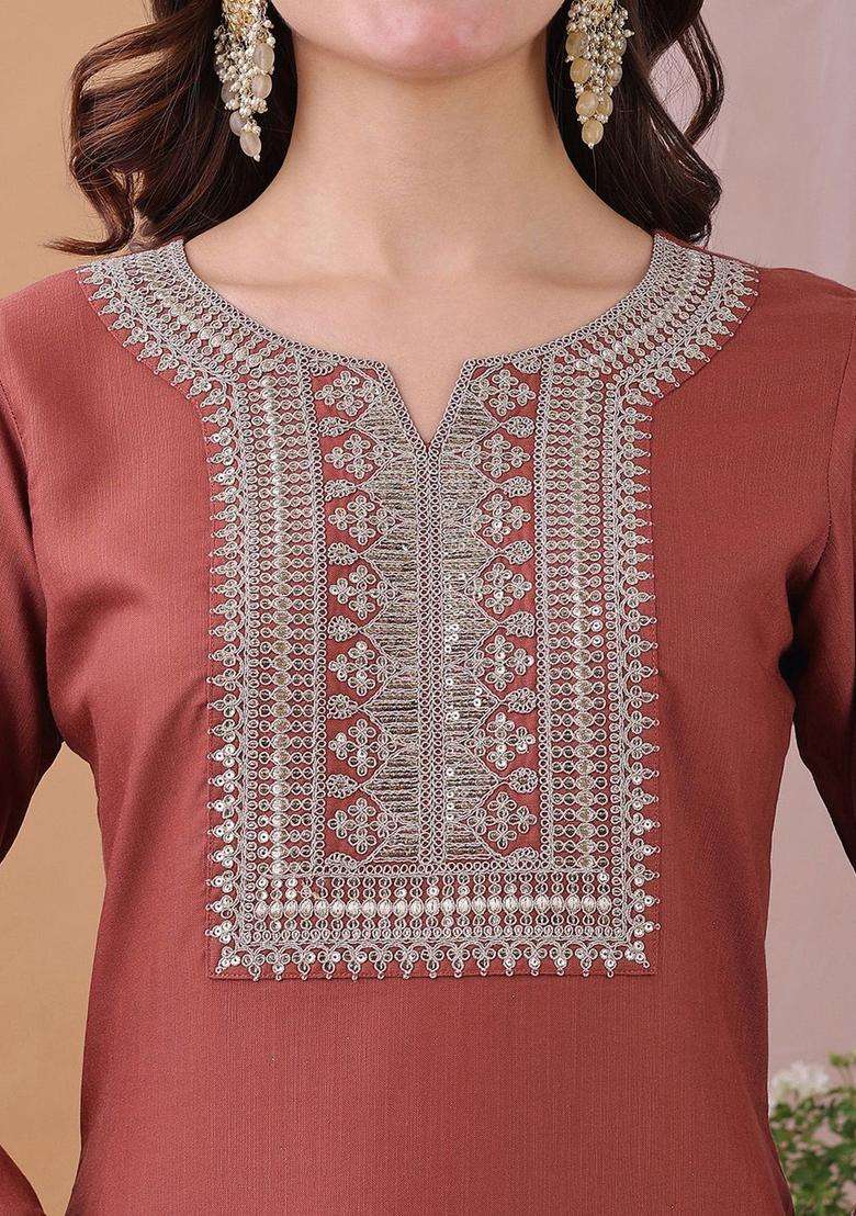 Orange Embroidered Cotton Kurta Set - Indya