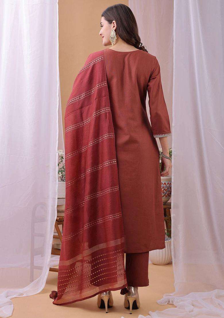 Orange Embroidered Cotton Kurta Set - Indya