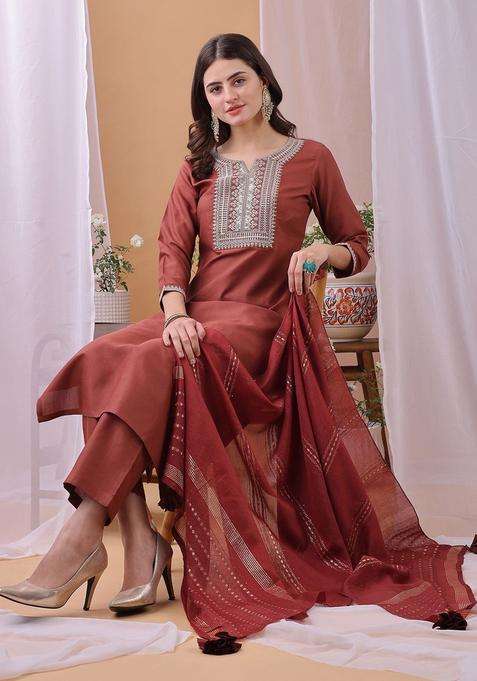 Orange Embroidered Cotton Kurta Set