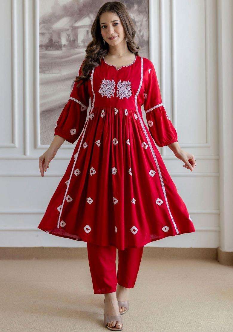 Red Printed Viscose Kurta Set - Indya