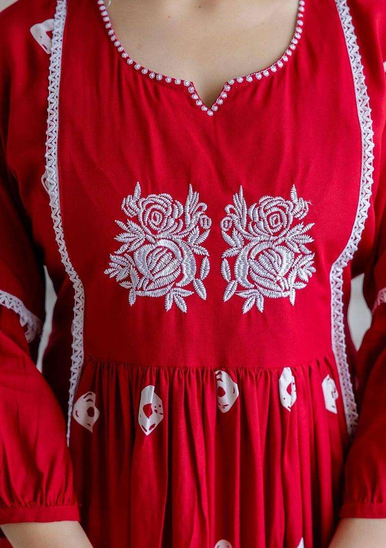 Red Printed Viscose Kurta Set - Indya