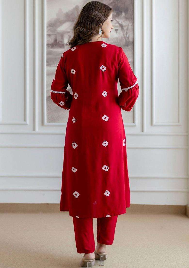 Red Printed Viscose Kurta Set - Indya