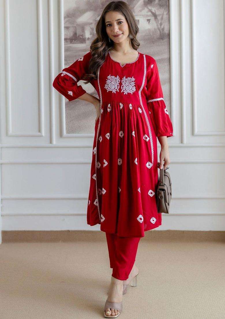 Red Printed Viscose Kurta Set - Indya