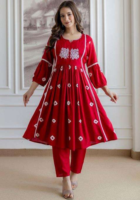 Red Printed Viscose Kurta Set