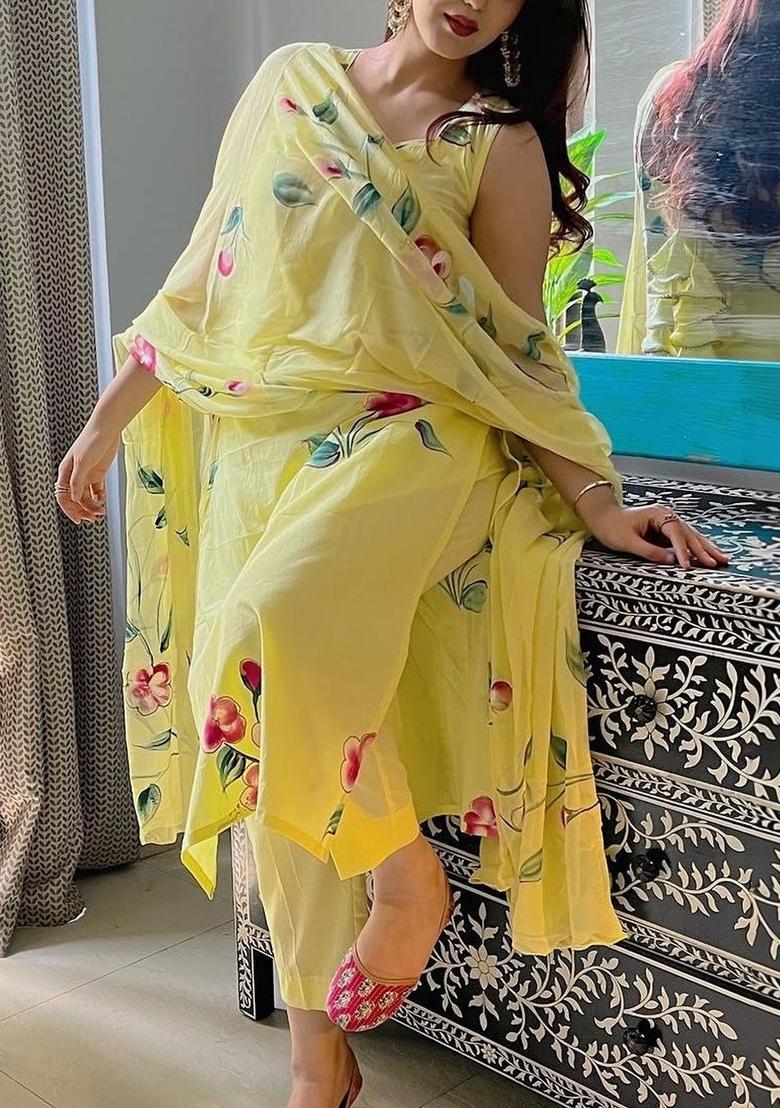 Yellow Printed Crepe Kurta Set - Indya