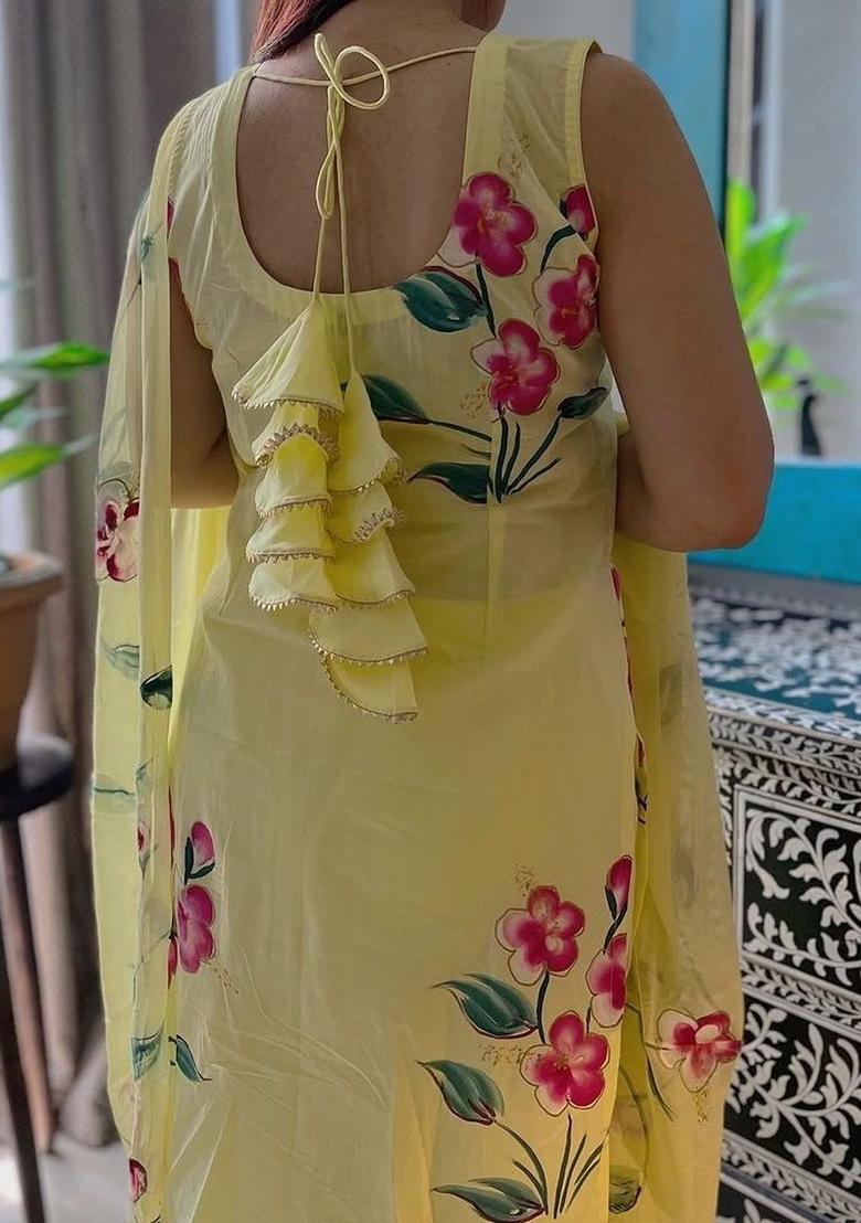 Yellow Printed Crepe Kurta Set - Indya