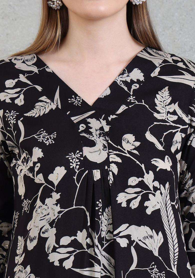 Black Printed Viscose Kurta Set - Indya