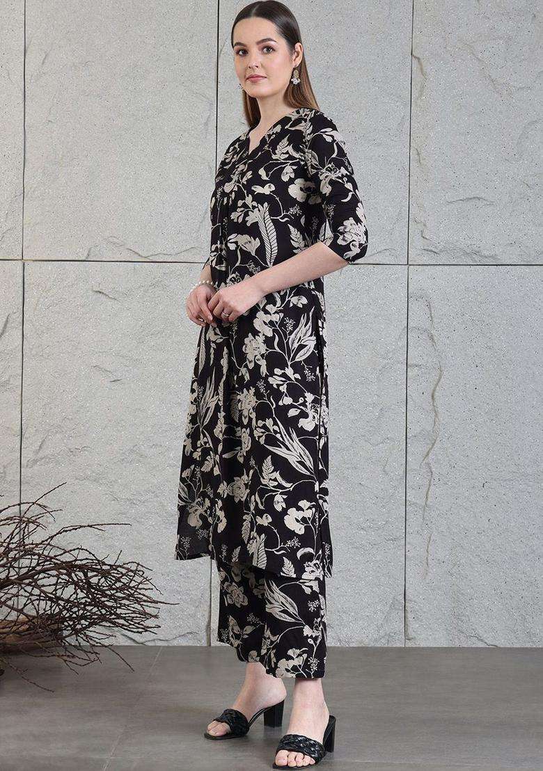 Black Printed Viscose Kurta Set - Indya