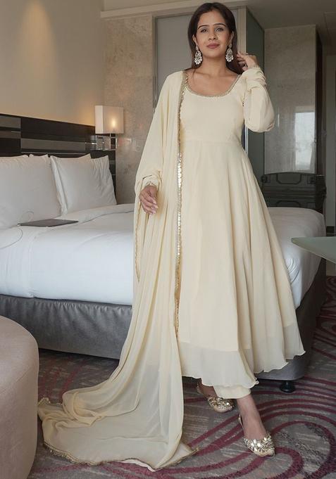 White Solid Georgette Kurta Set — view on Indya