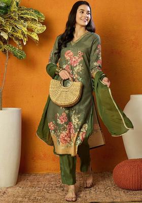 Olive Printed Viscose Kurta Set