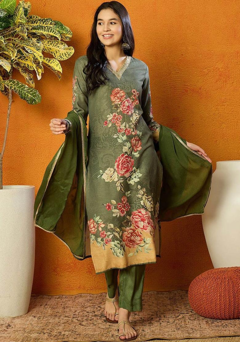 Olive Printed Viscose Kurta Set - Indya