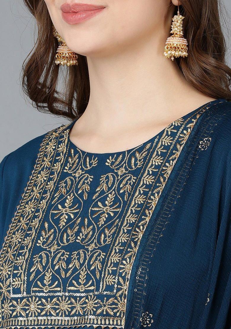 Blue Embroidered Silk Kurta Set - Indya
