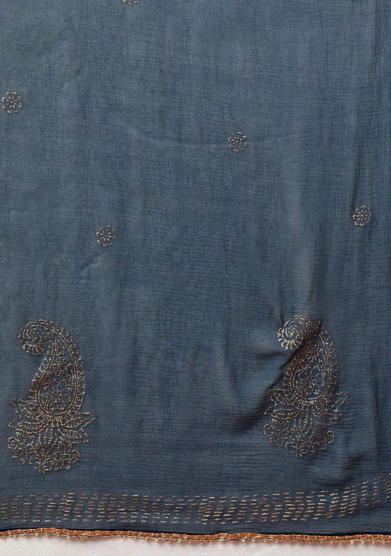 Blue Embroidered Silk Kurta Set - Indya