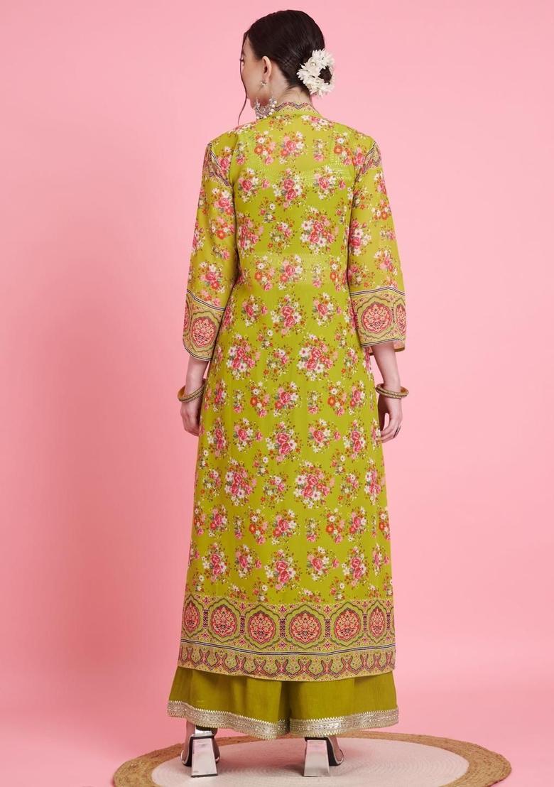 Green Printed Georgette Kurta Set - Indya