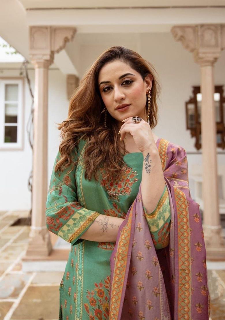 Green Printed Viscose Kurta Set - Indya