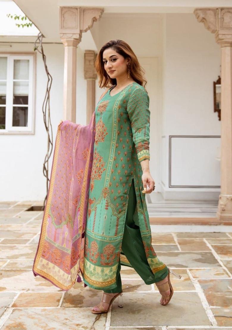 Green Printed Viscose Kurta Set - Indya