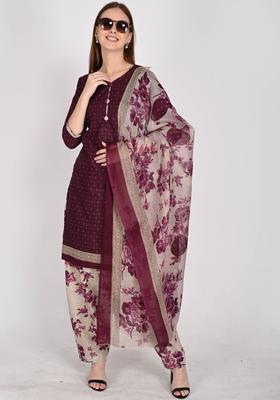 Maroon Printed Cotton Kurta Set