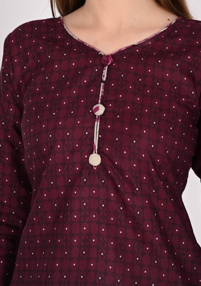 Maroon Printed Cotton Kurta Set - Indya
