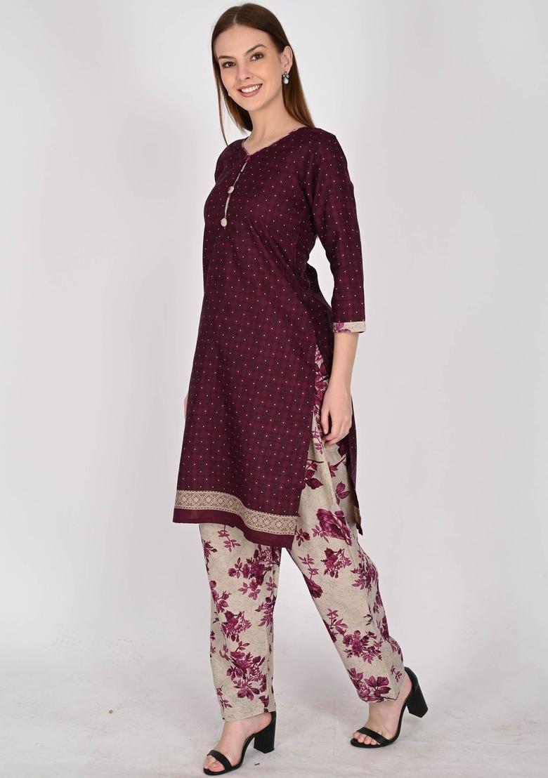 Maroon Printed Cotton Kurta Set - Indya