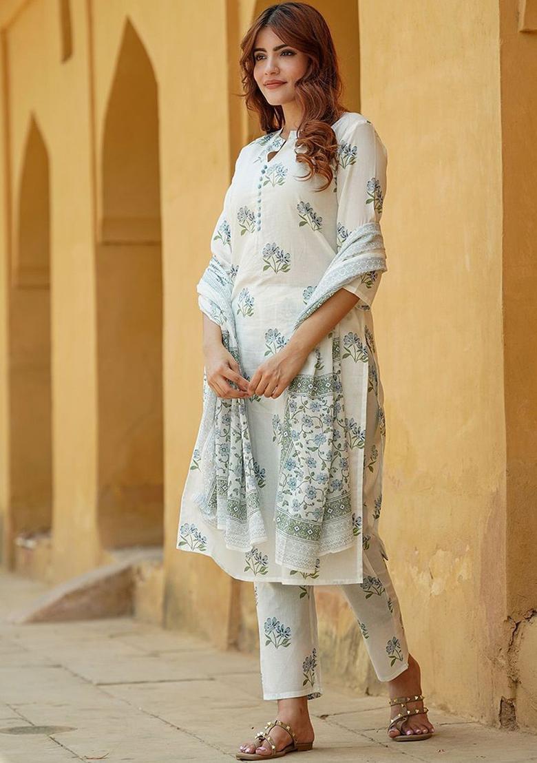 White Printed Cotton Kurta Set - Indya