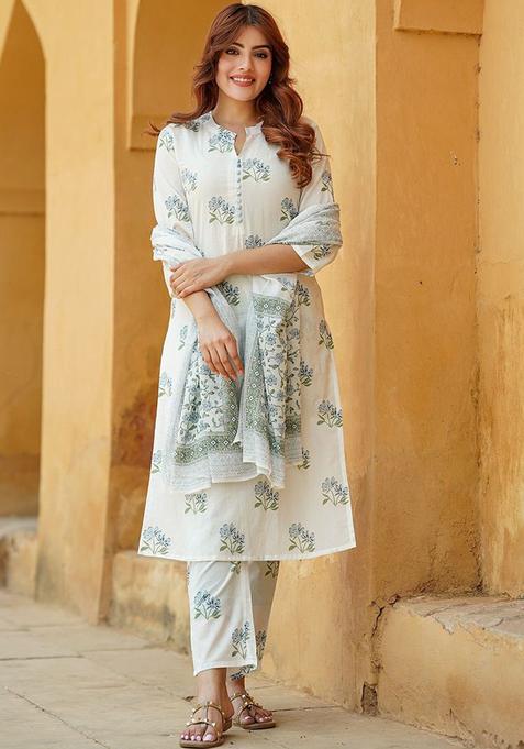 White Printed Cotton Kurta Set