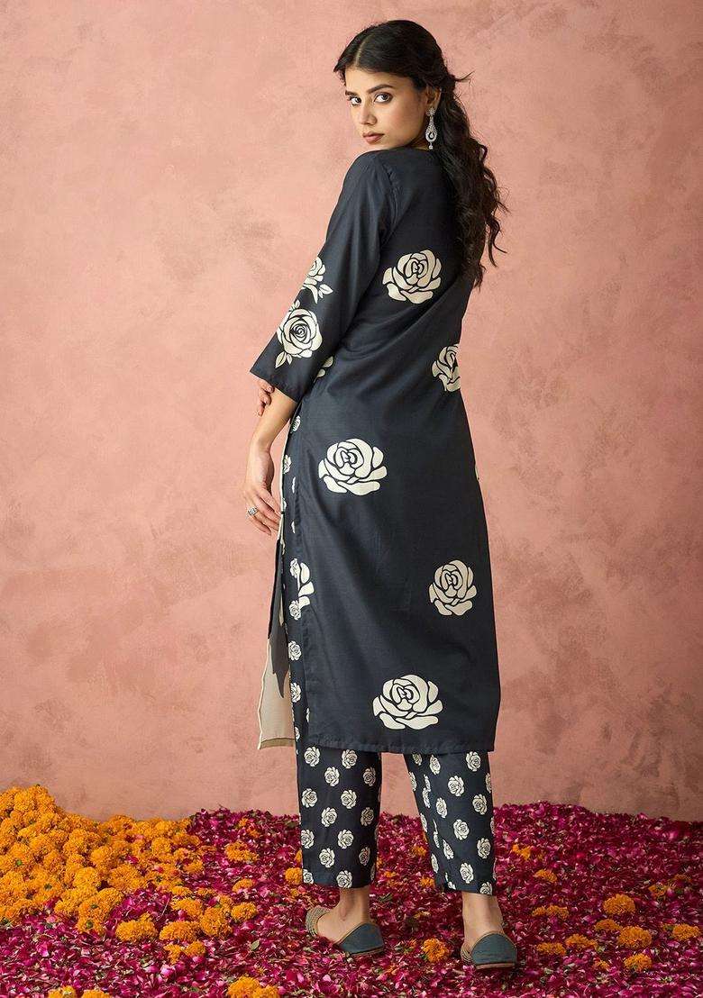 Black Printed Cotton Kurta Set - Indya