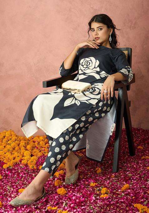 Black Printed Cotton Kurta Set