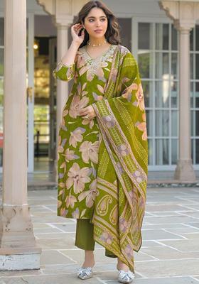 Olive Printed Viscose Kurta Set