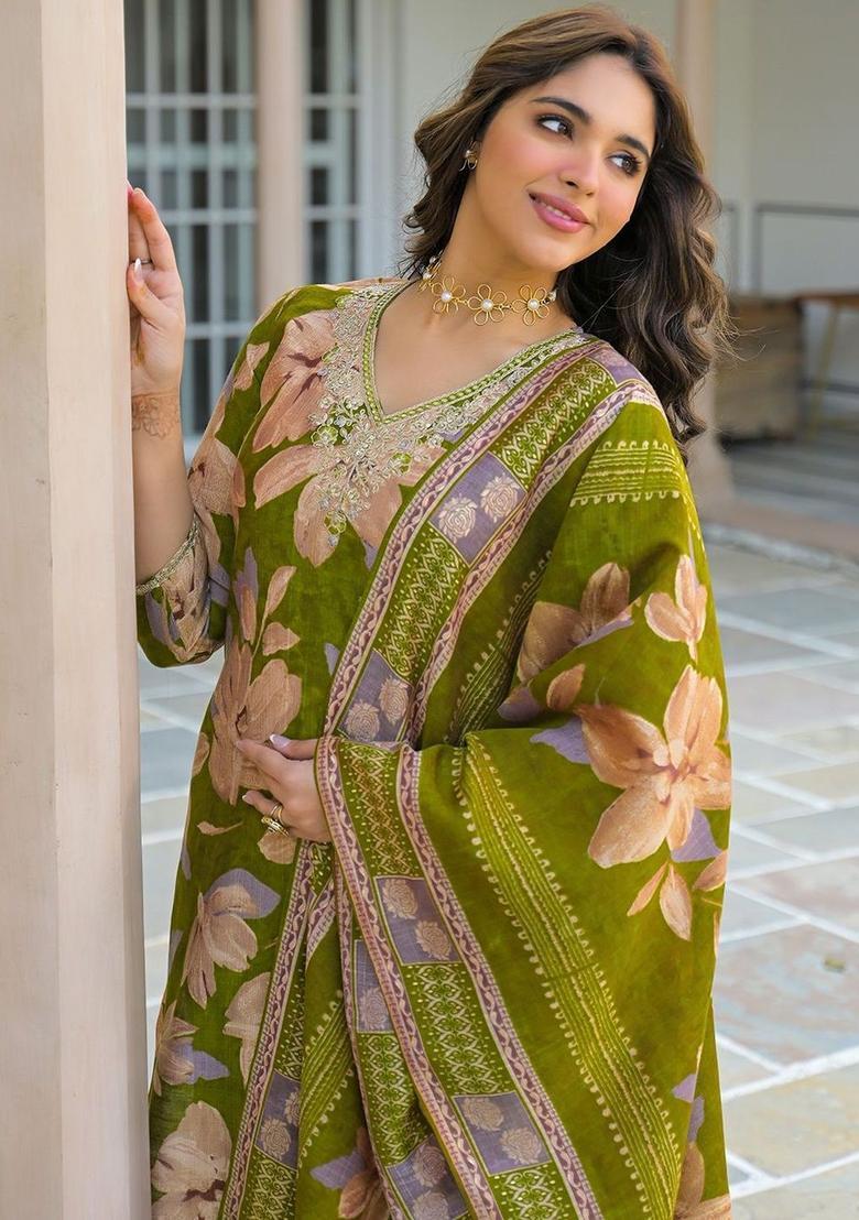 Olive Printed Viscose Kurta Set - Indya