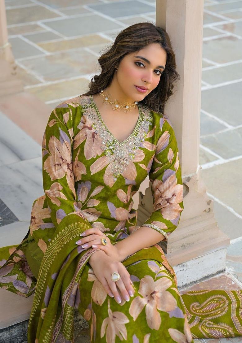Olive Printed Viscose Kurta Set - Indya