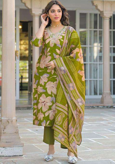 Olive Printed Viscose Kurta Set