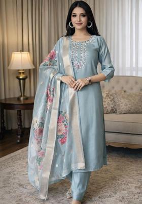 Blue Embroidered Silk Kurta Set