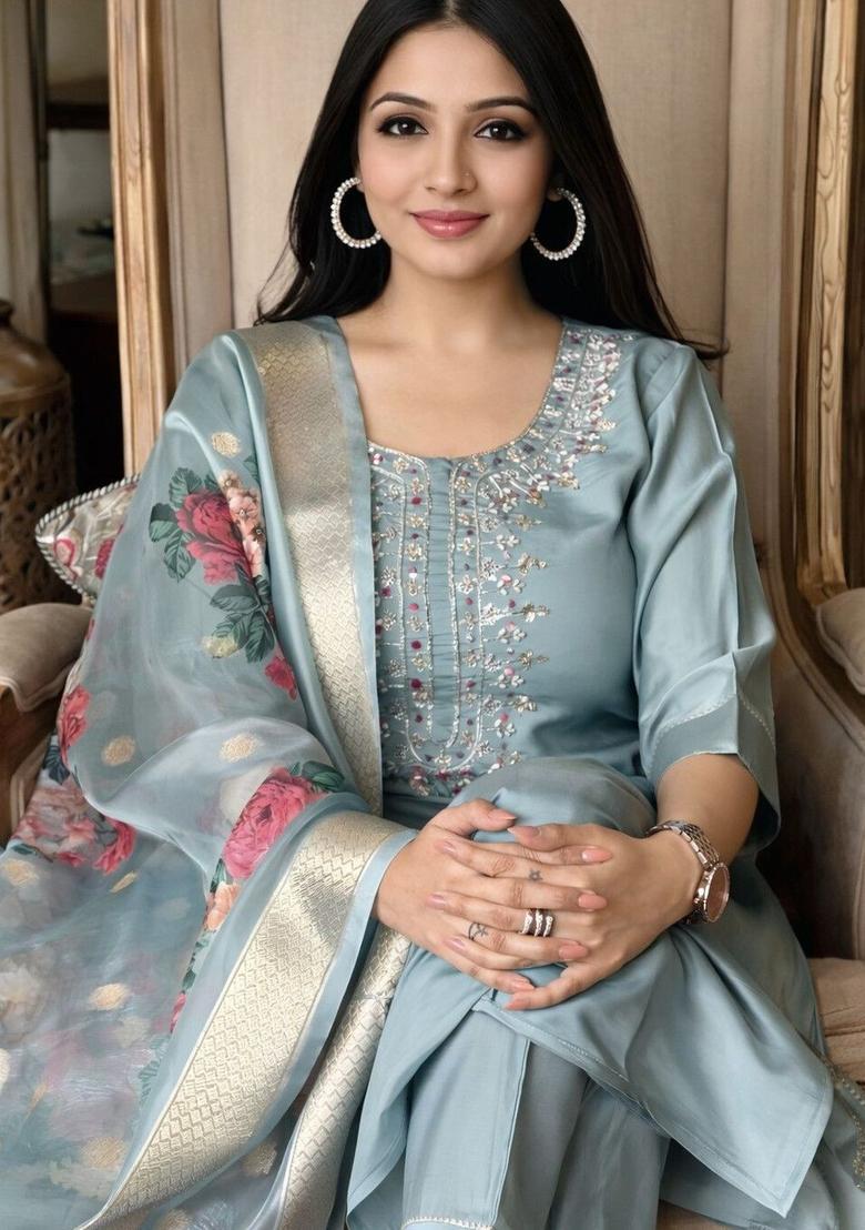 Blue Embroidered Silk Kurta Set - Indya