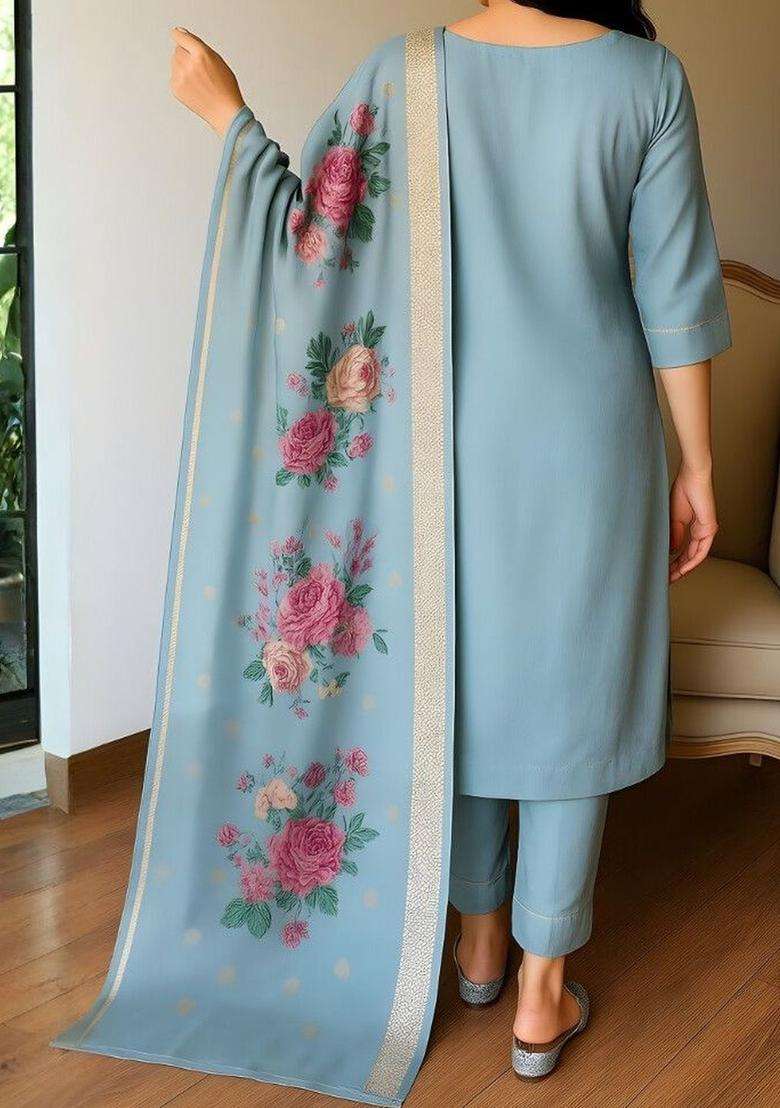 Blue Embroidered Silk Blend Kurta Set - Indya