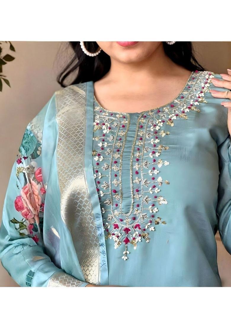 Blue Embroidered Silk Kurta Set - Indya