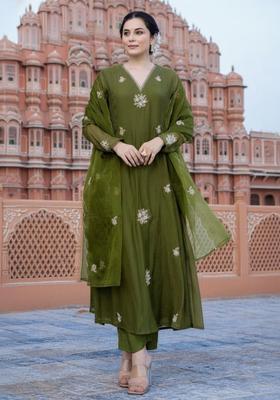 Olive Embroidered Cotton Kurta Set